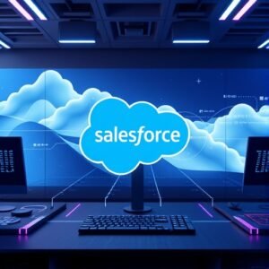 Abstract digital workspace showing seamless Salesforce integrations with interconnected workflows