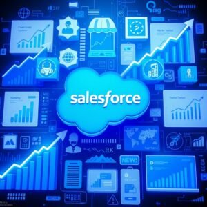 Illustration showcasing Salesforce success stories in customer support, marketing, and e-commerce growth