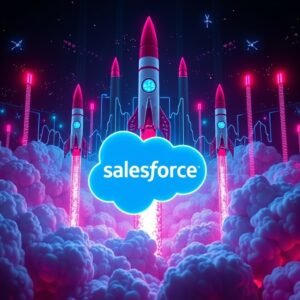 Timeline illustrating CRM evolution with Salesforce at the forefront of innovation, featuring sales, marketing, and AI integrations