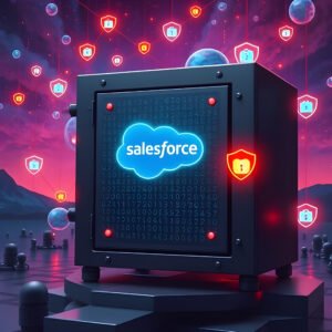 ea359062 2f6c 4d34 9b46 b84b54551efe Top 5 Security Practices to Safeguard Your Salesforce Data Salesforce data security visualization with a secure vault and cybersecurity symbols like shields and locks.